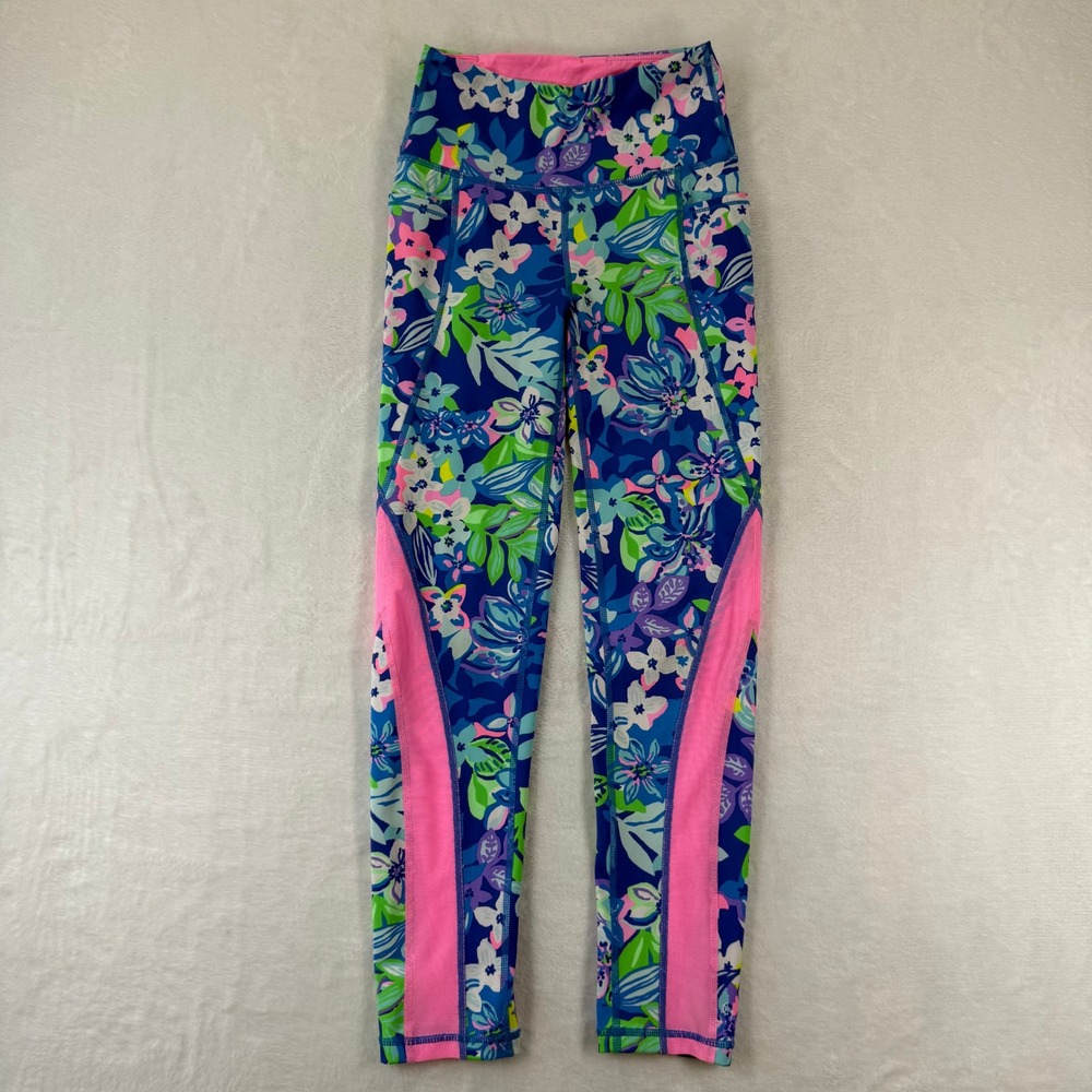 Lilly Pulitzer Luxletic Floral Leggings Blue Pink Mesh Pockets XXS 009750 READ